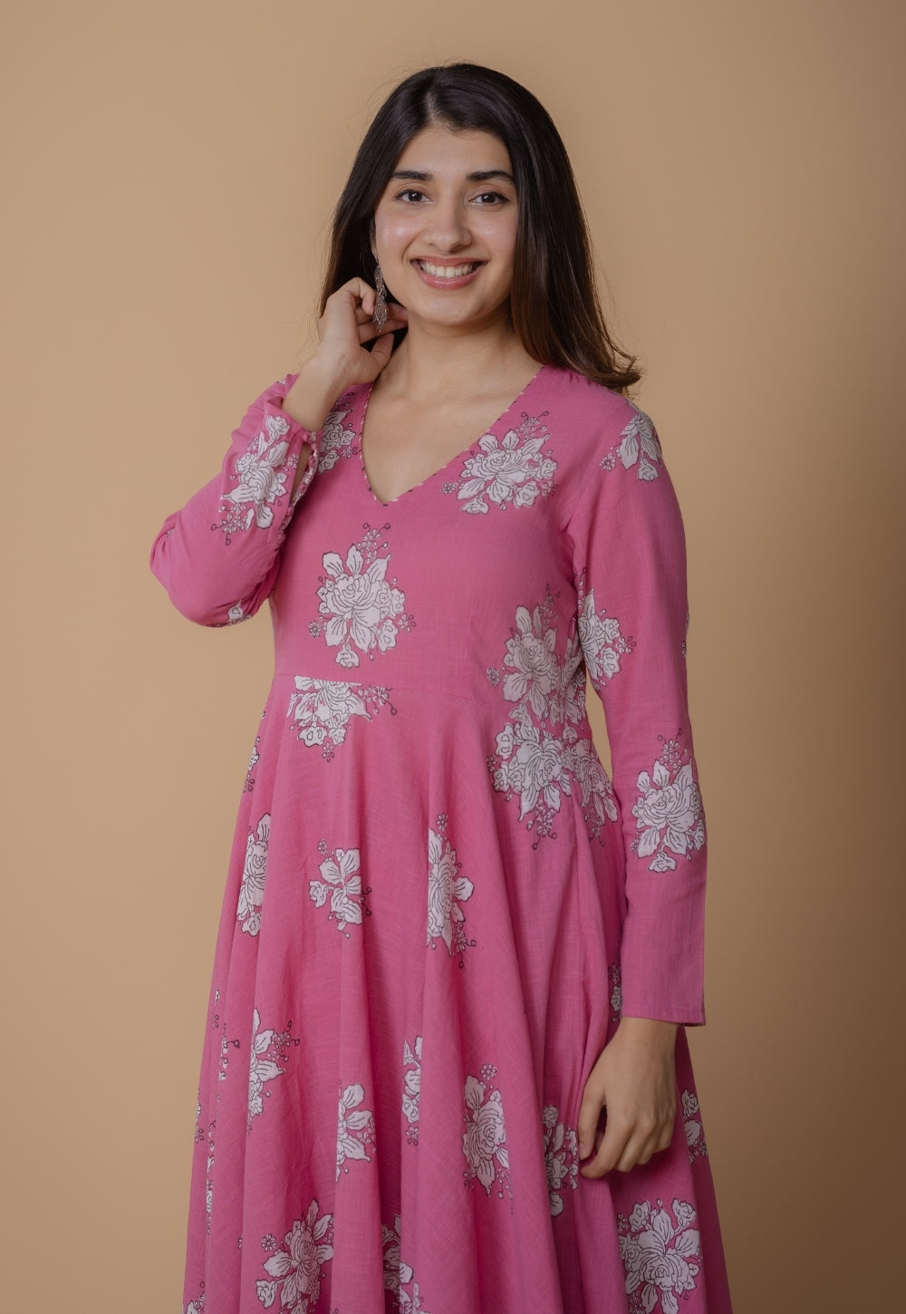 Ruvika Pink Dabu Slub Cotton A Line Kurta