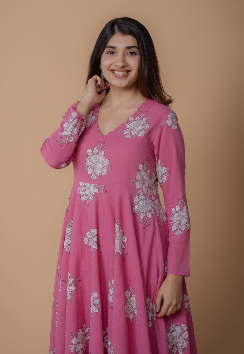 Ruvika Pink Dabu Slub Cotton A Line Kurta