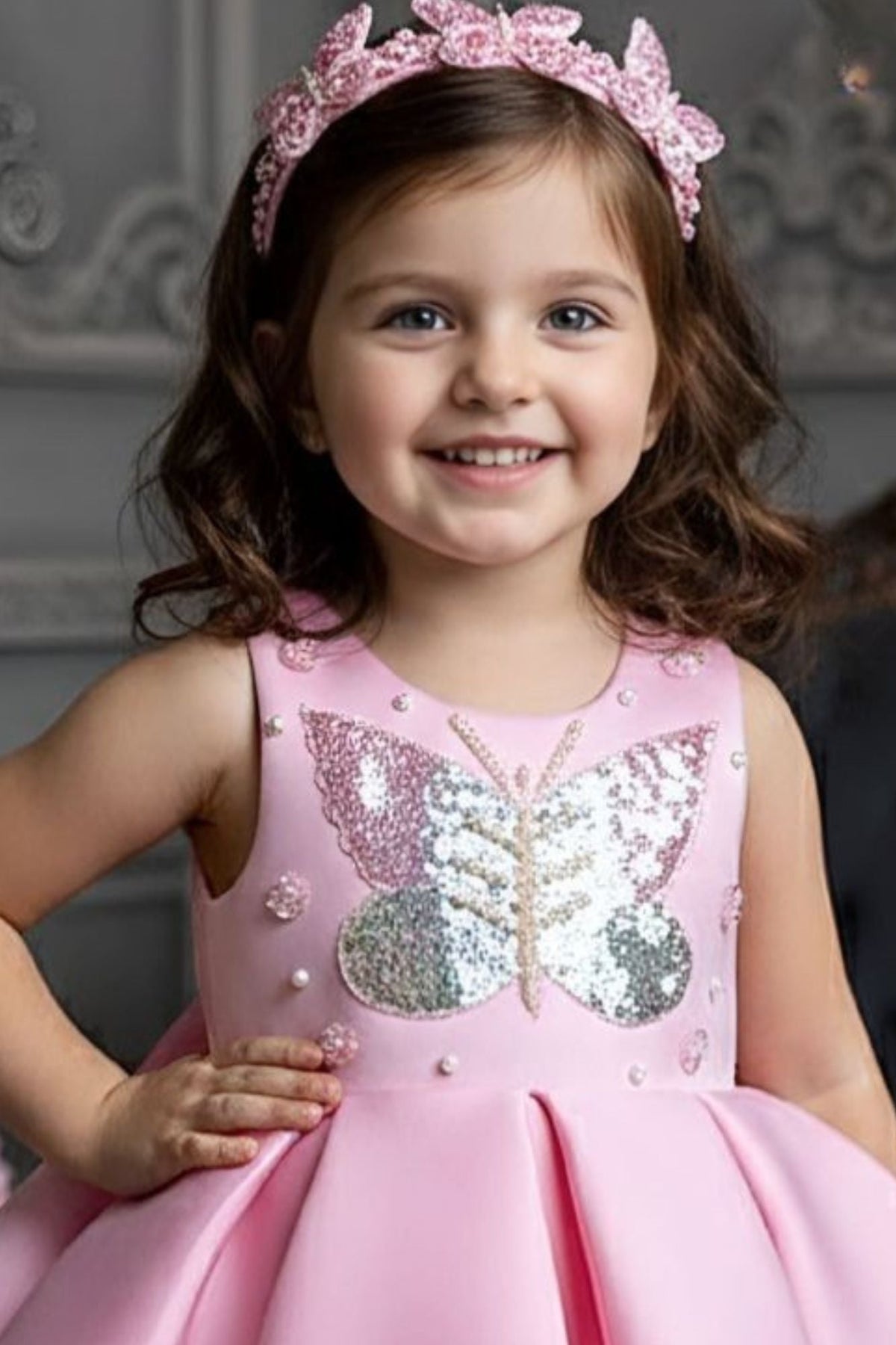 Baby Pink Butterfly Sequin Party Frock For Girls