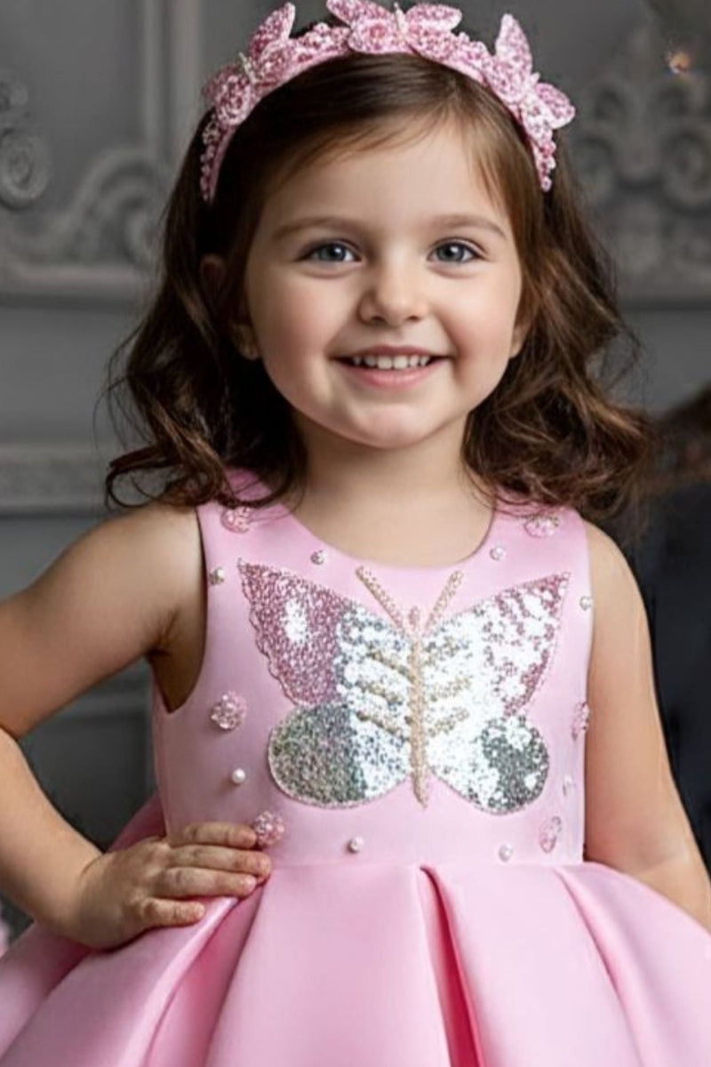 Baby Pink Butterfly Sequin Party Frock For Girls