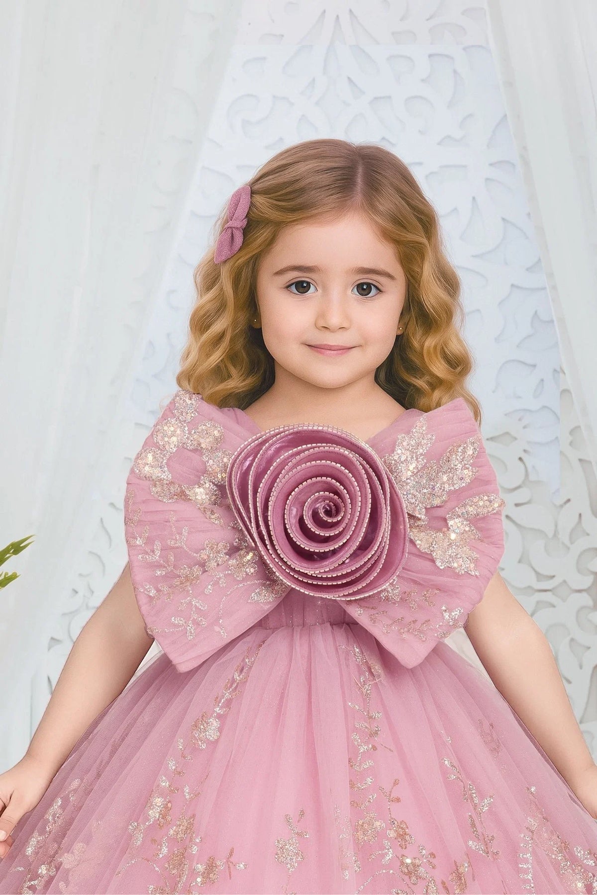 Pink Ball Gown with Oversized Rosette Bow & 3D Floral Appliqué For Girls