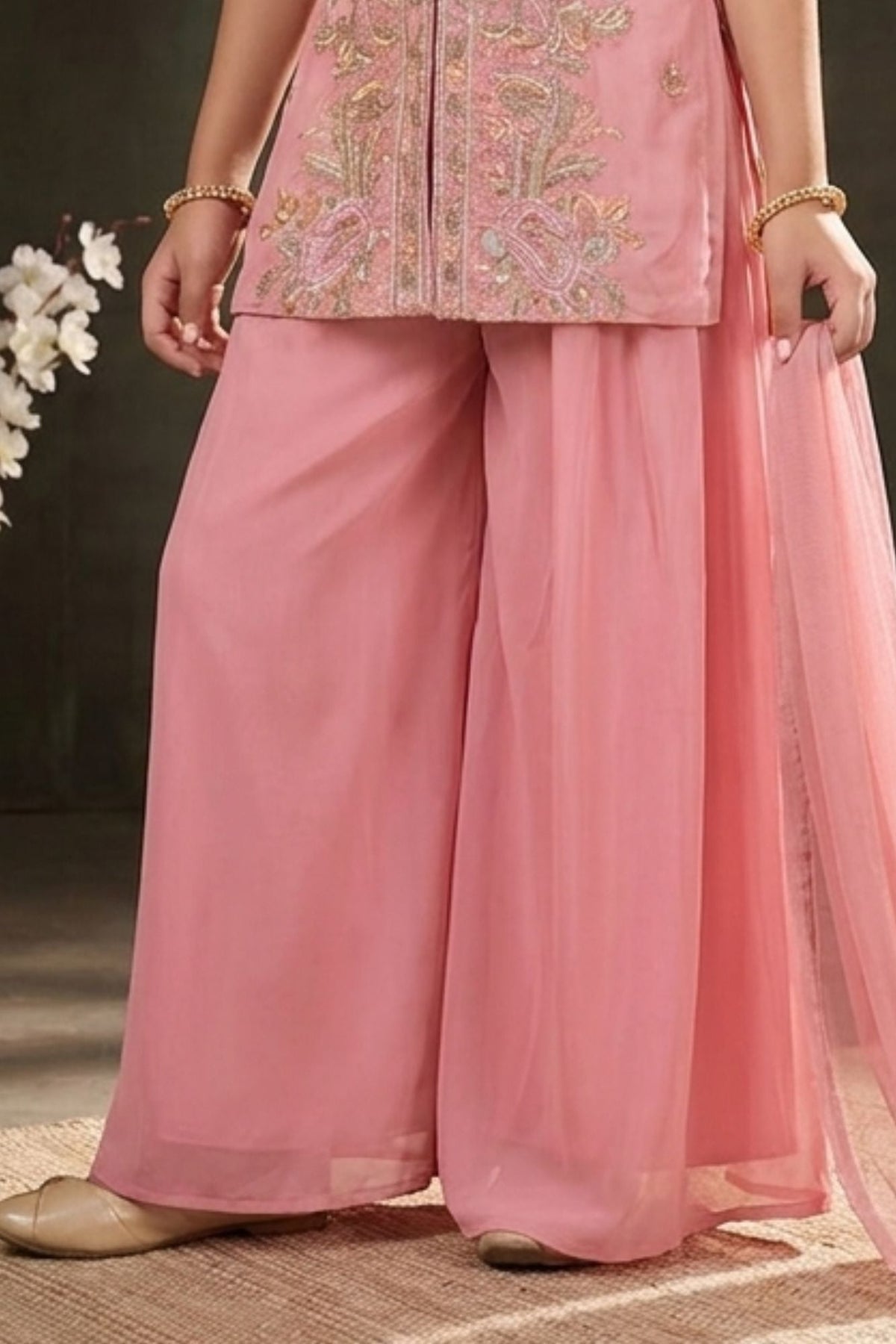 Girls Pink Palazzo Set with Heavy Floral Embroidered Kurti And Dupatta