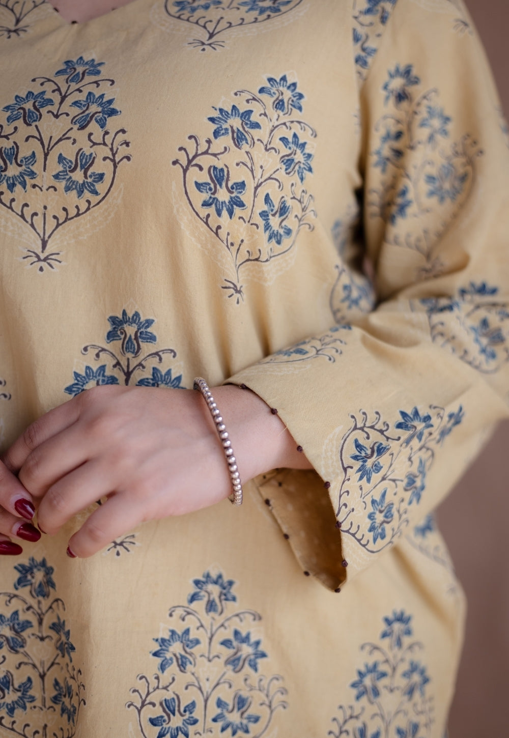 Kavya Yellow Ajrakh Cotton Straight Kurta with Hand Embroidery