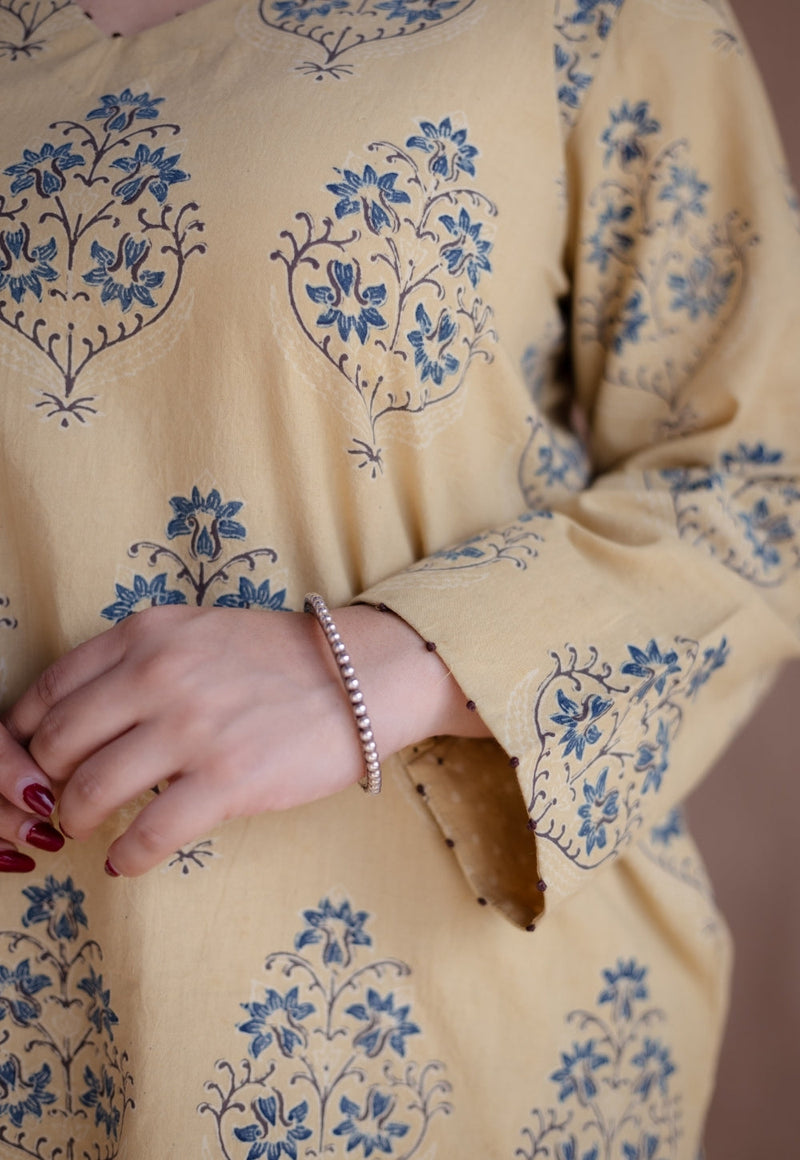 Kavya Yellow Ajrakh Cotton Straight Kurta with Hand Embroidery