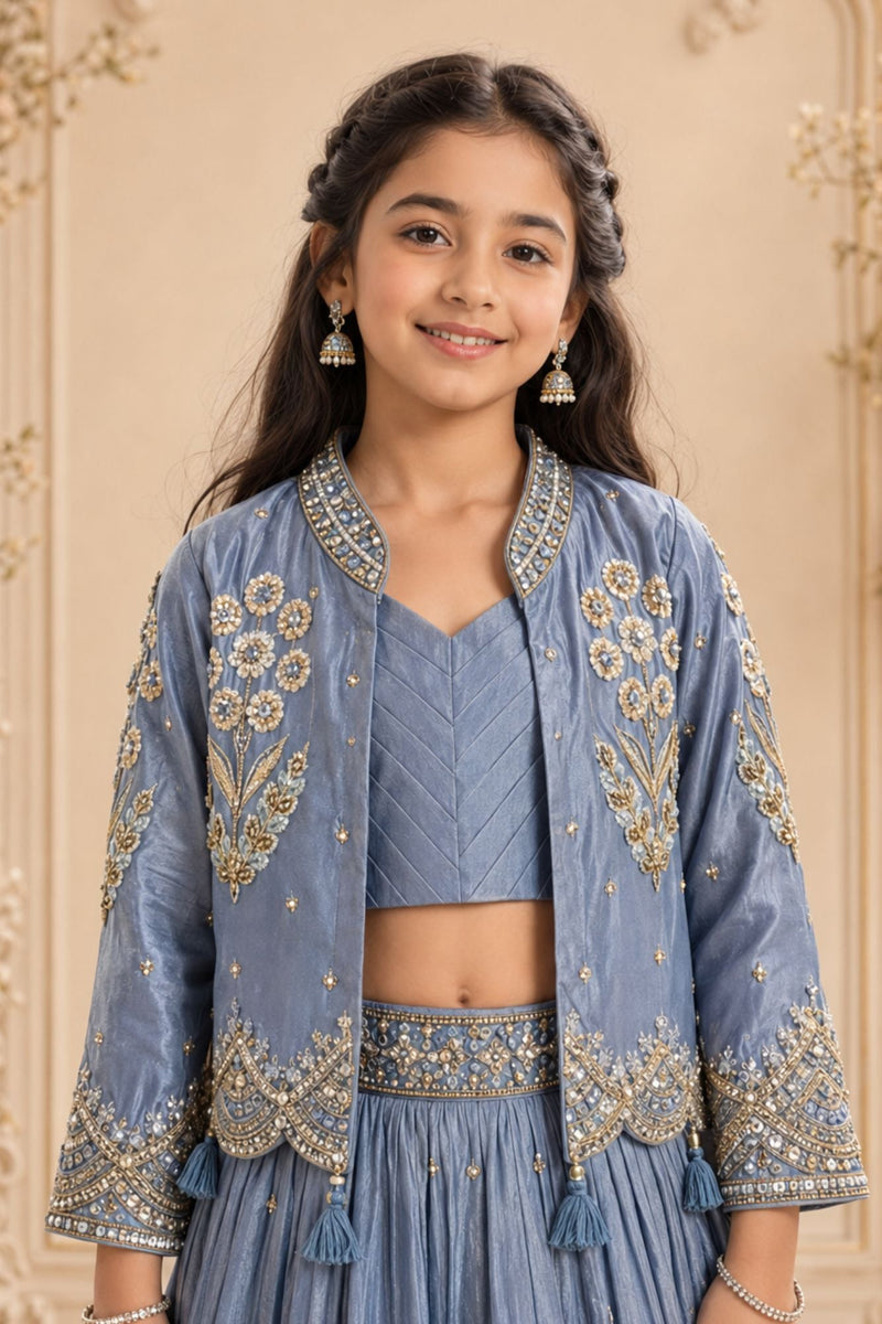 Dusty Blue Heavy Floral Embroidered Lehenga Choli with Jacket