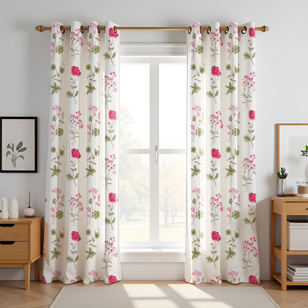 Pink Floral Printed Eyelet Duck Curtain-1
