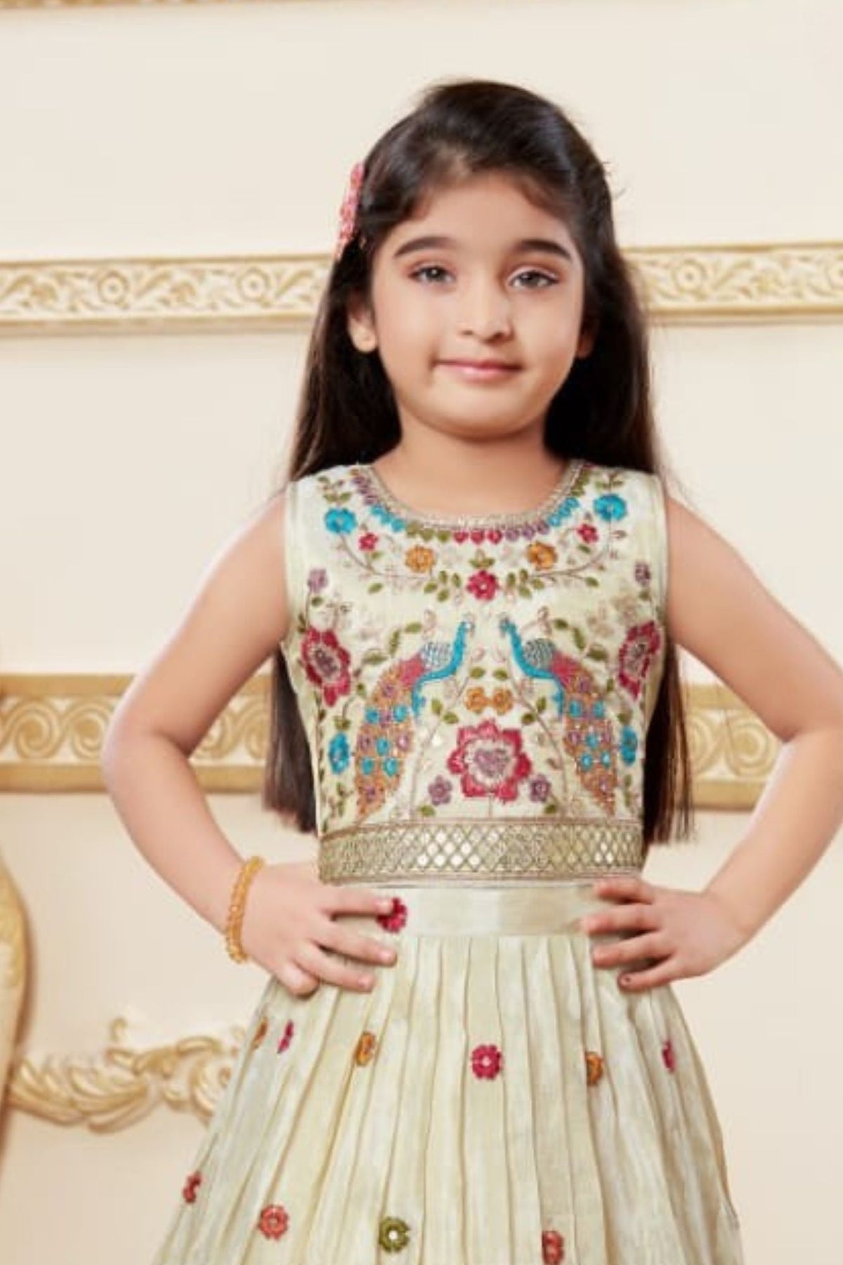 Cream Embroidered Lehenga Choli with Regal Peacock Motifs For Girls
