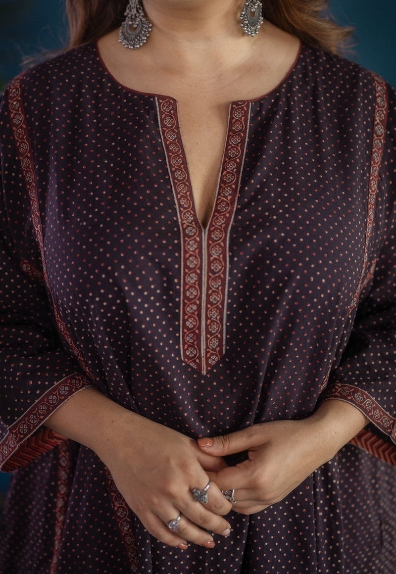 Lysa Black Ajrakh Cotton Jhabbha Kali Kurta