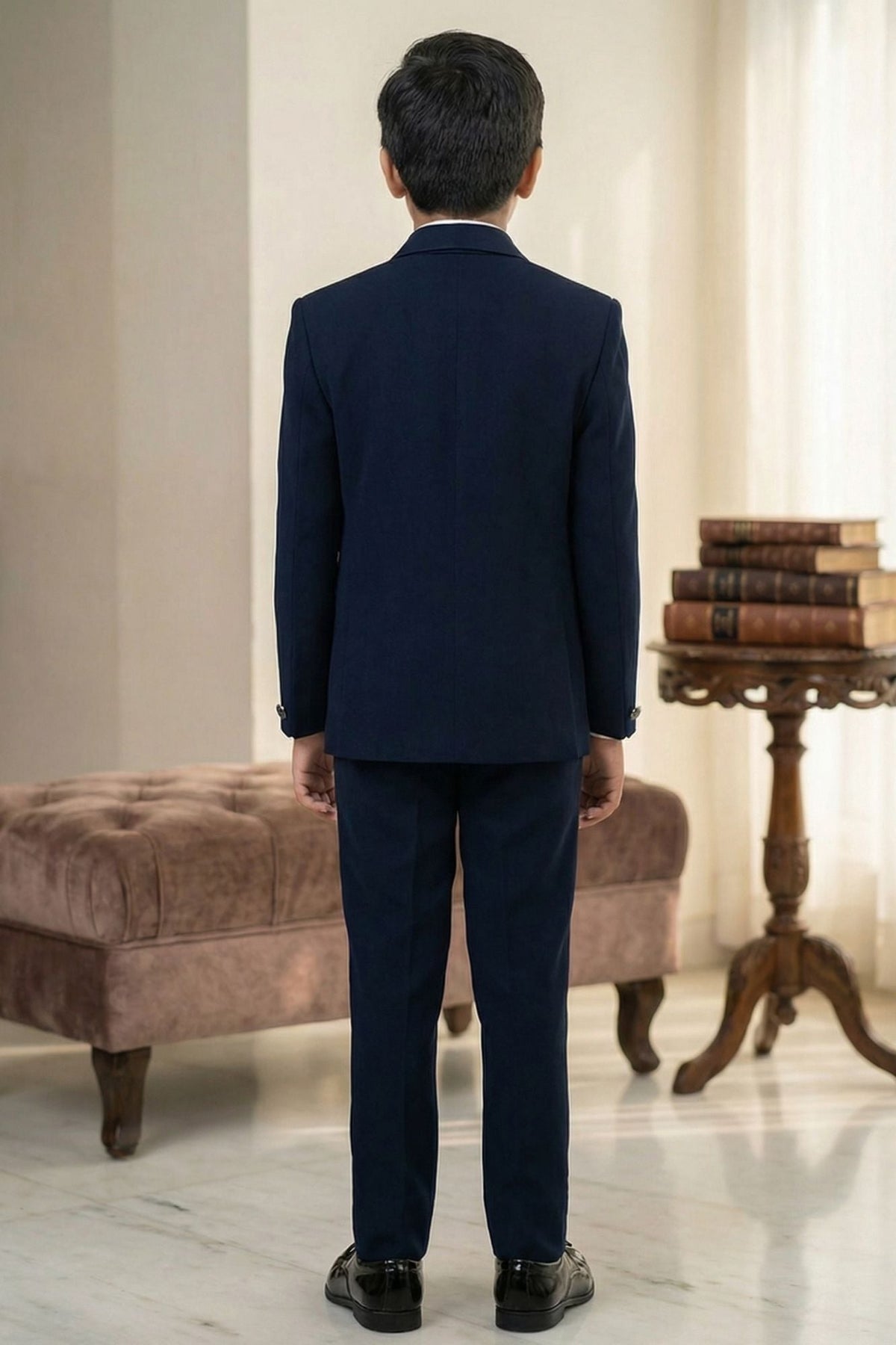Navy Blue Embroidered 5-Piece Suit Set For Boys