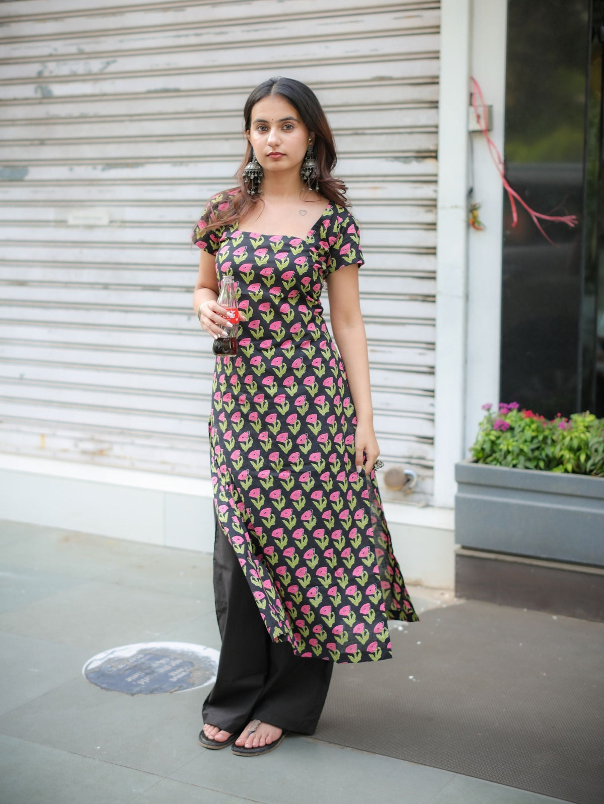 Bougain Veli Black Floral Long Kurta for Women