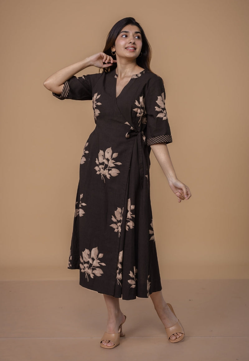 Avni Brown Dabu Slub Cotton Wrap Around Dress