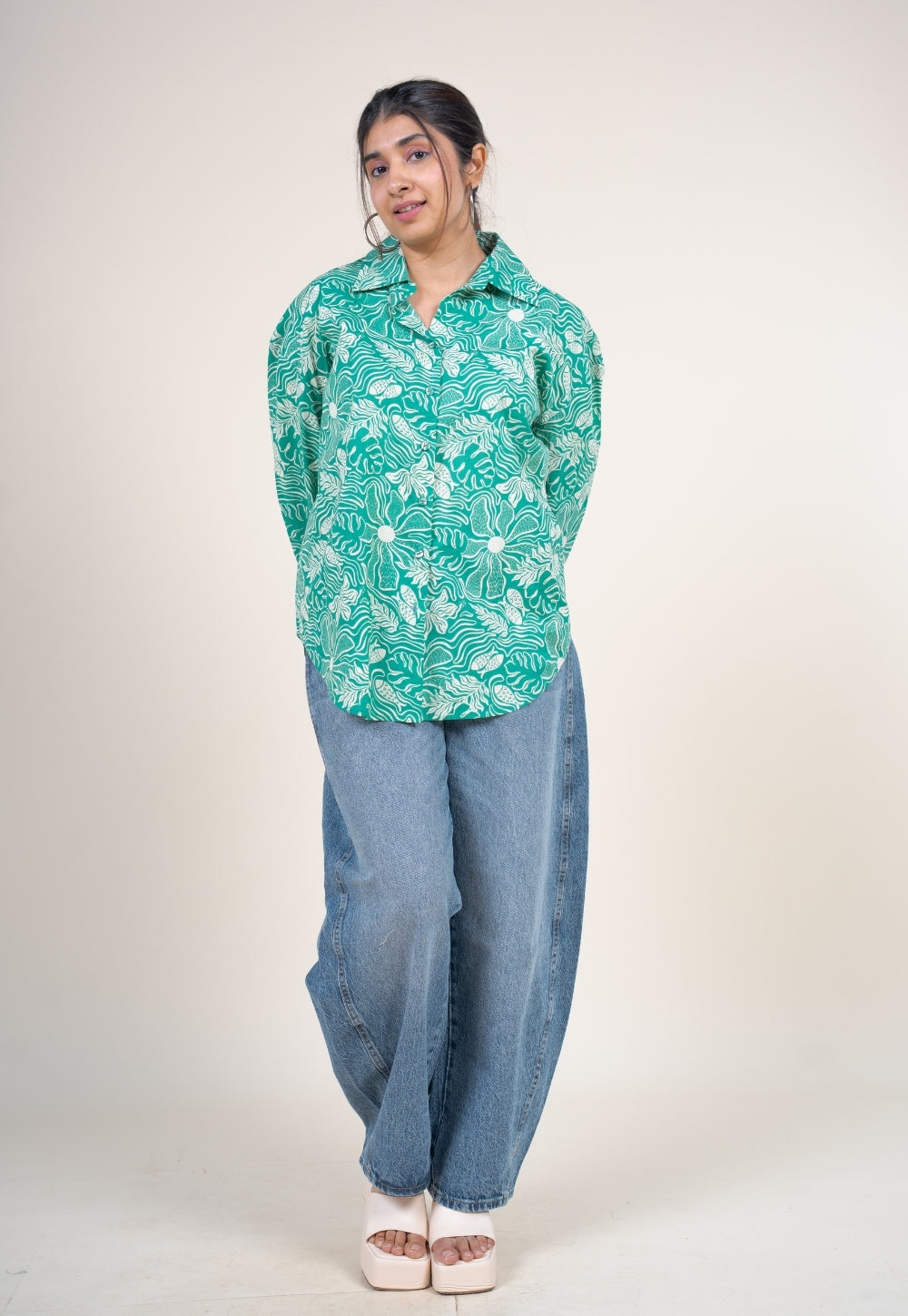 Ruhi Emerald Green Printed Cotton Straight Shirt