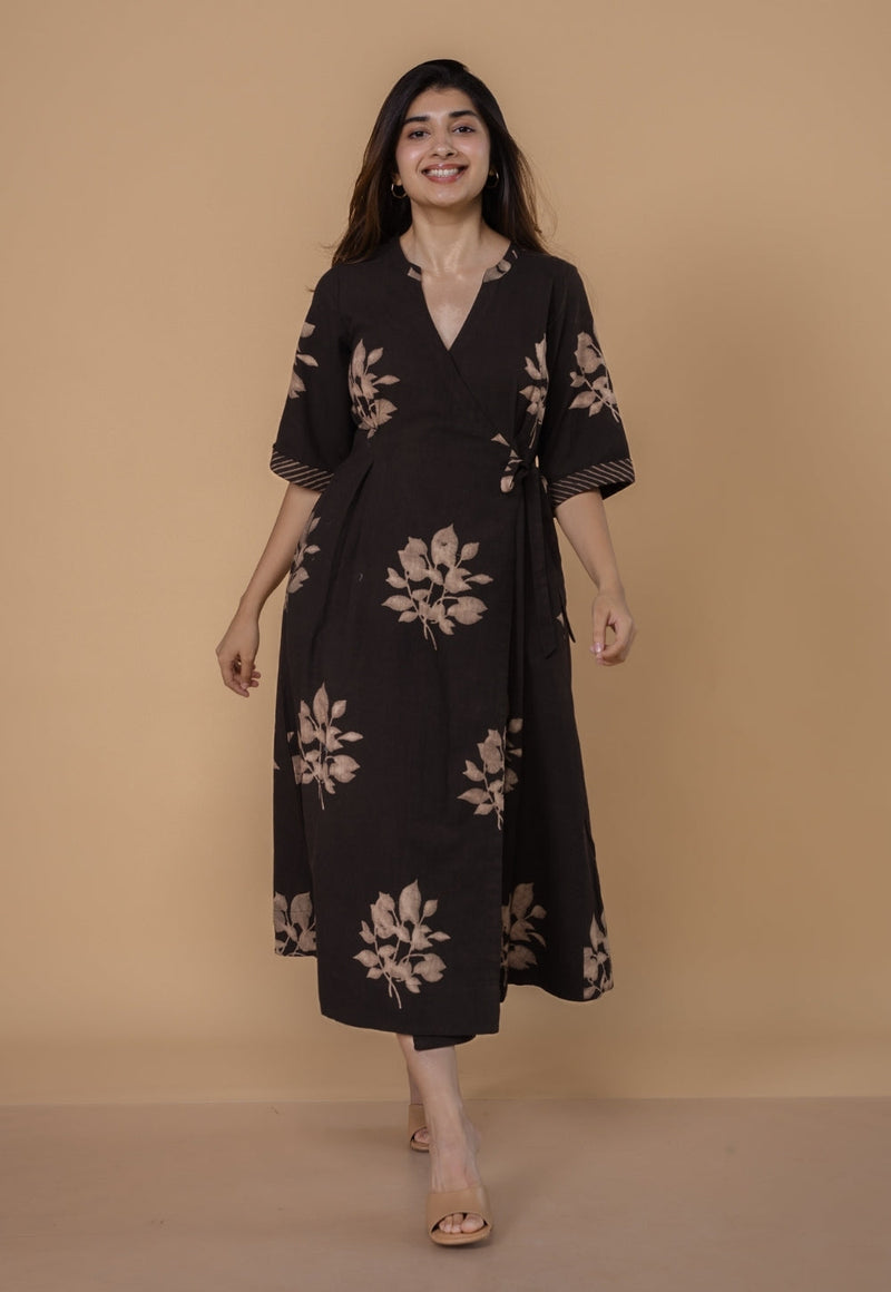 Avni Brown Dabu Slub Cotton Wrap Around Dress