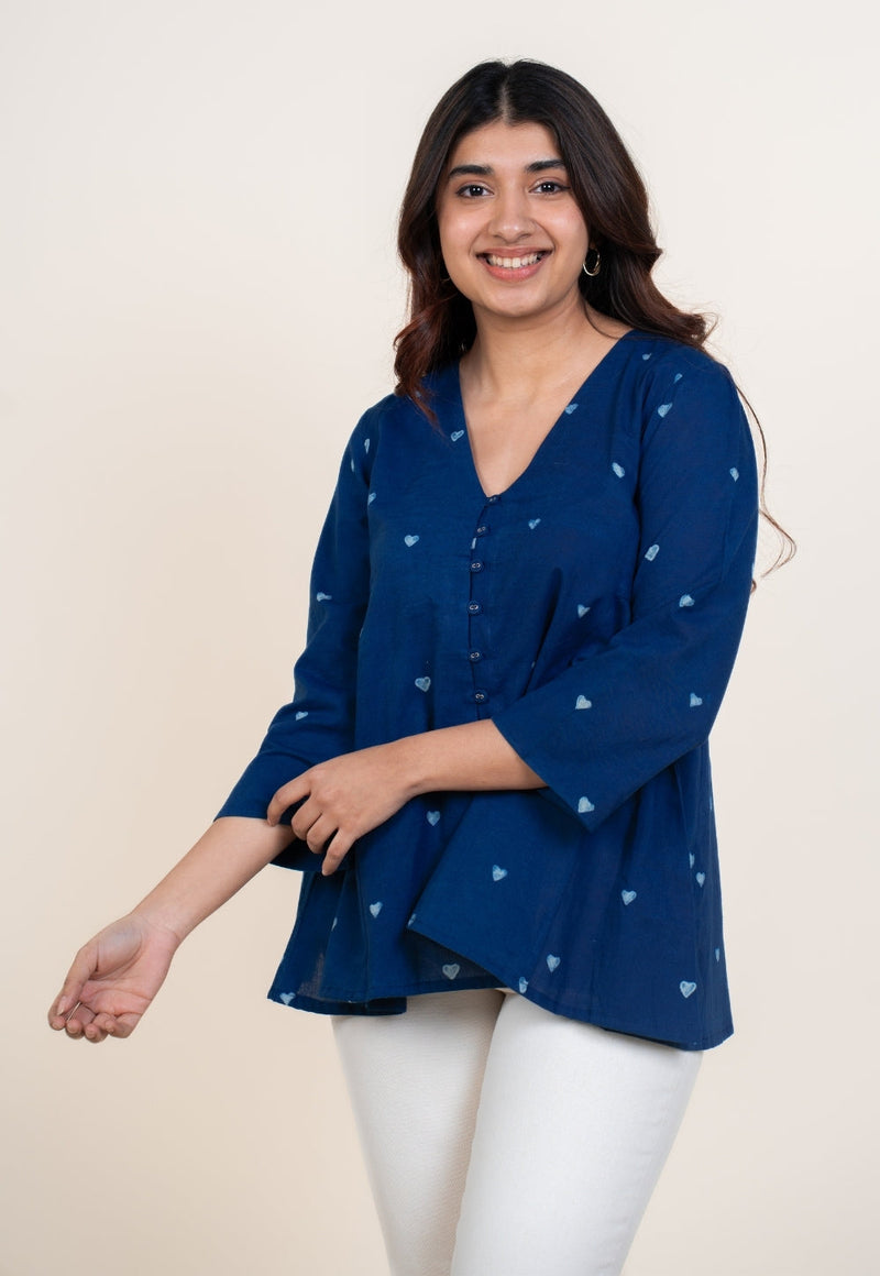 Yuvika Blue Dabu Cotton A Line Short Top