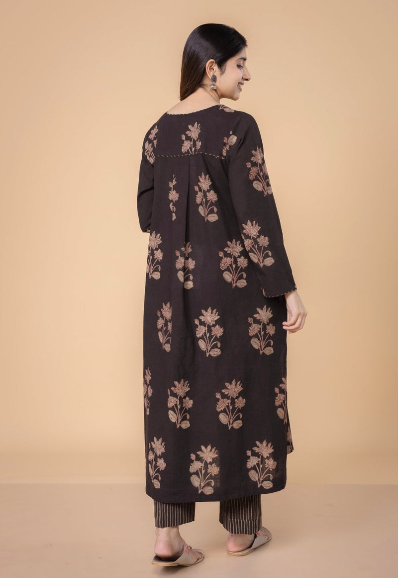 Megha Brown Dabu Slub Cotton Straight Kurta