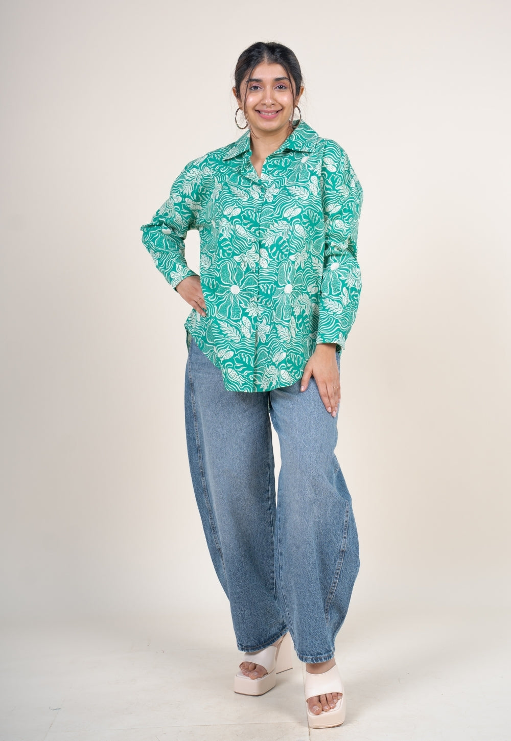 Ruhi Emerald Green Printed Cotton Straight Shirt