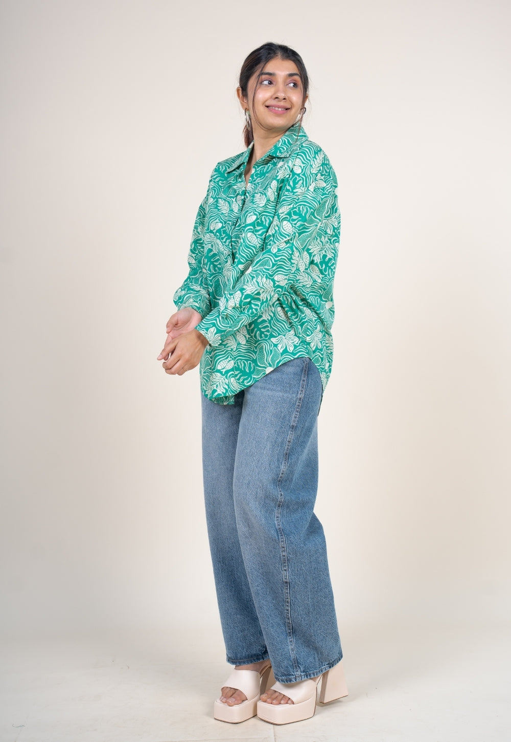 Ruhi Emerald Green Printed Cotton Straight Shirt