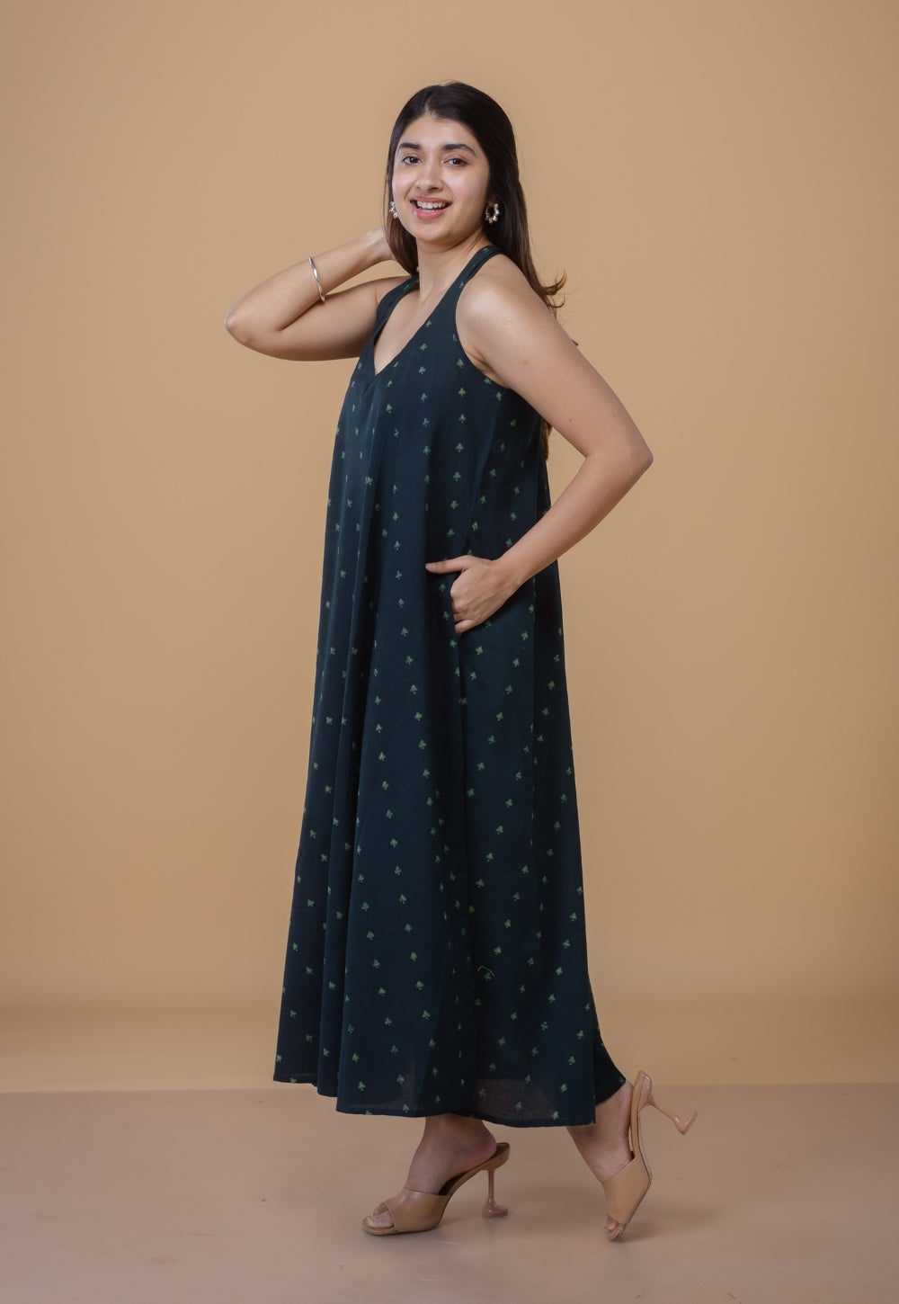 Tashi Green Dabu Cotton A Line Dress