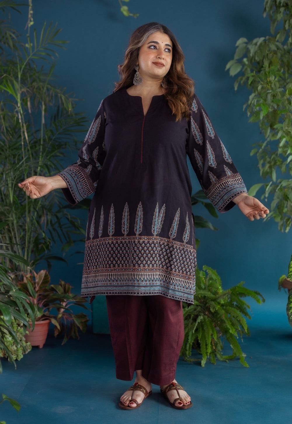 Antara Black Ajrakh Cotton A Line Kurta