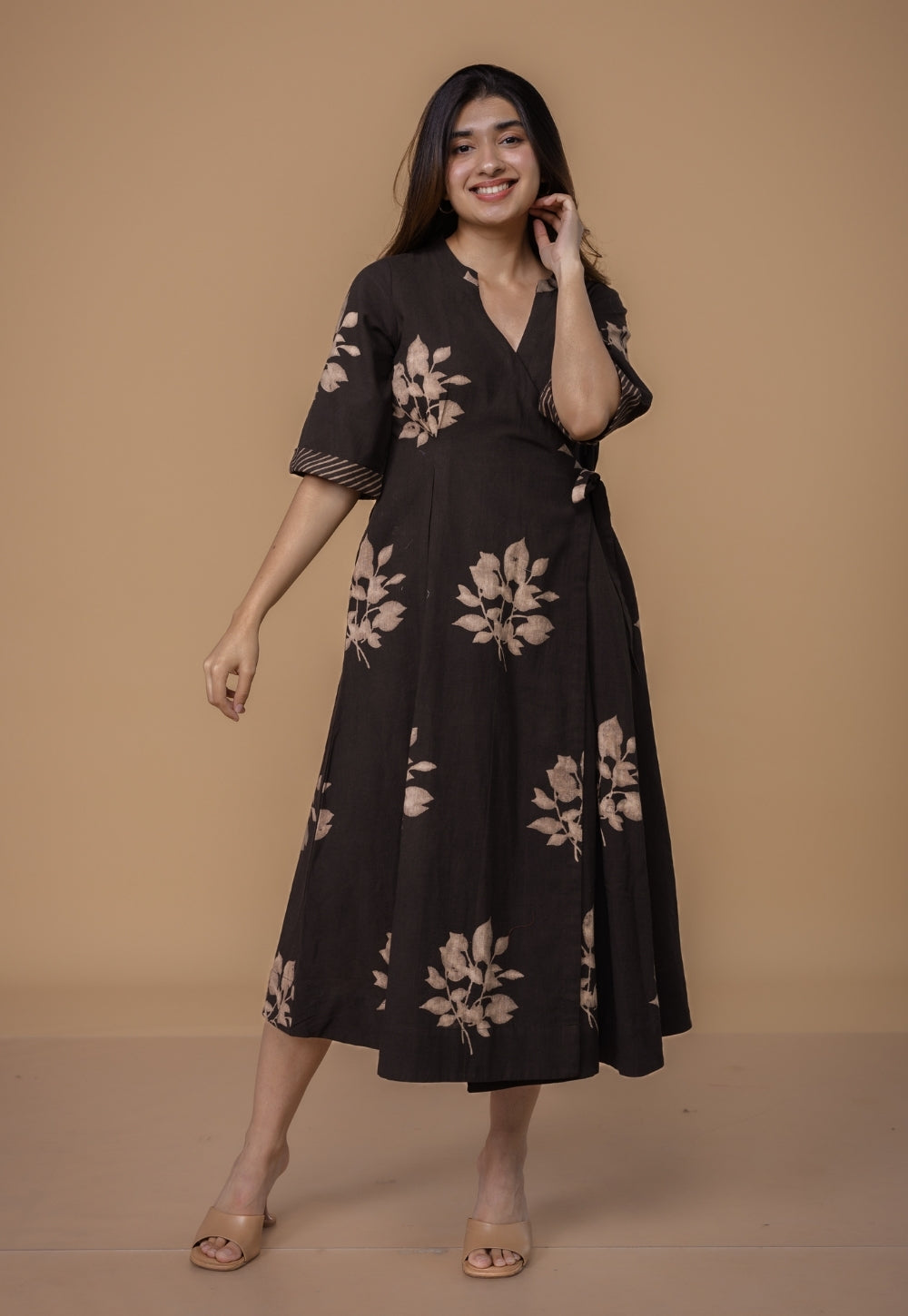 Avni Brown Dabu Slub Cotton Wrap Around Dress