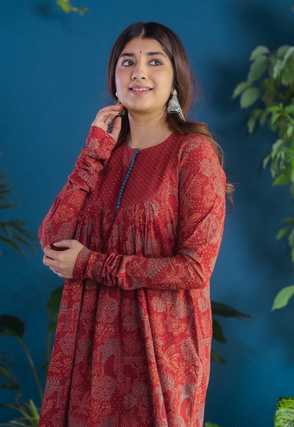 Asin Red Ajrakh Cotton A Line Kurta with Hand Embroidery