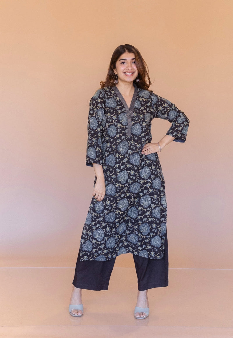 Avika Black Ajrakh Cotton Straight Kurta with Embroidery