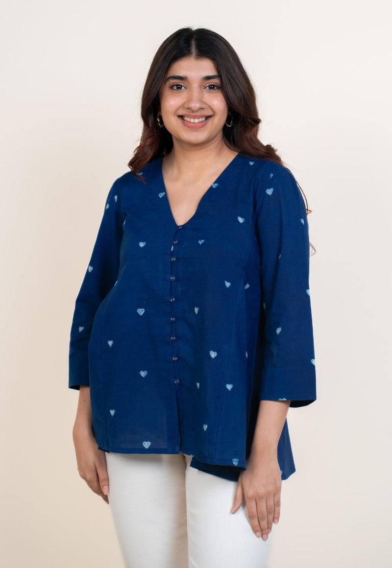 Yuvika Blue Dabu Cotton A Line Short Top