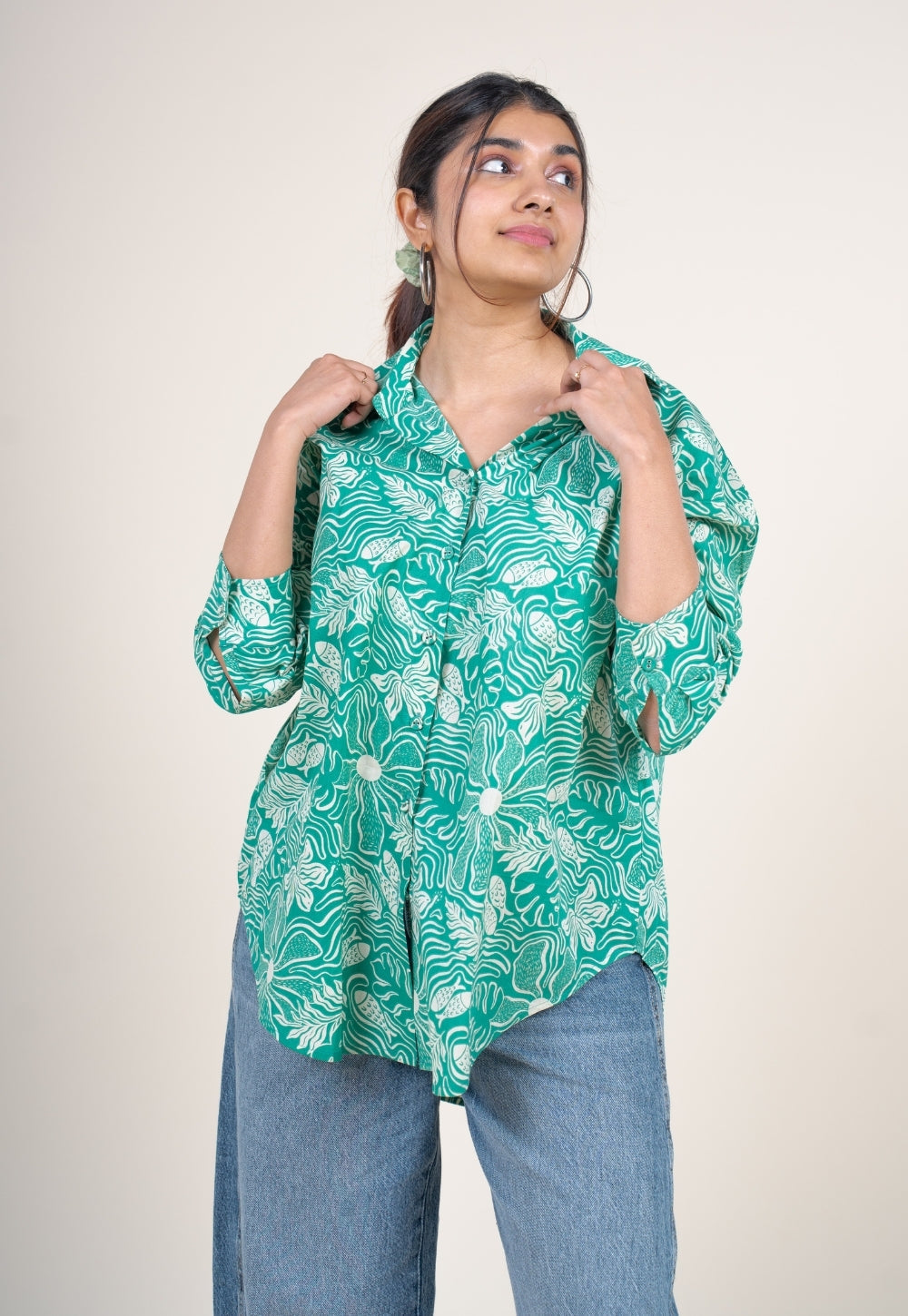 Ruhi Emerald Green Printed Cotton Straight Shirt