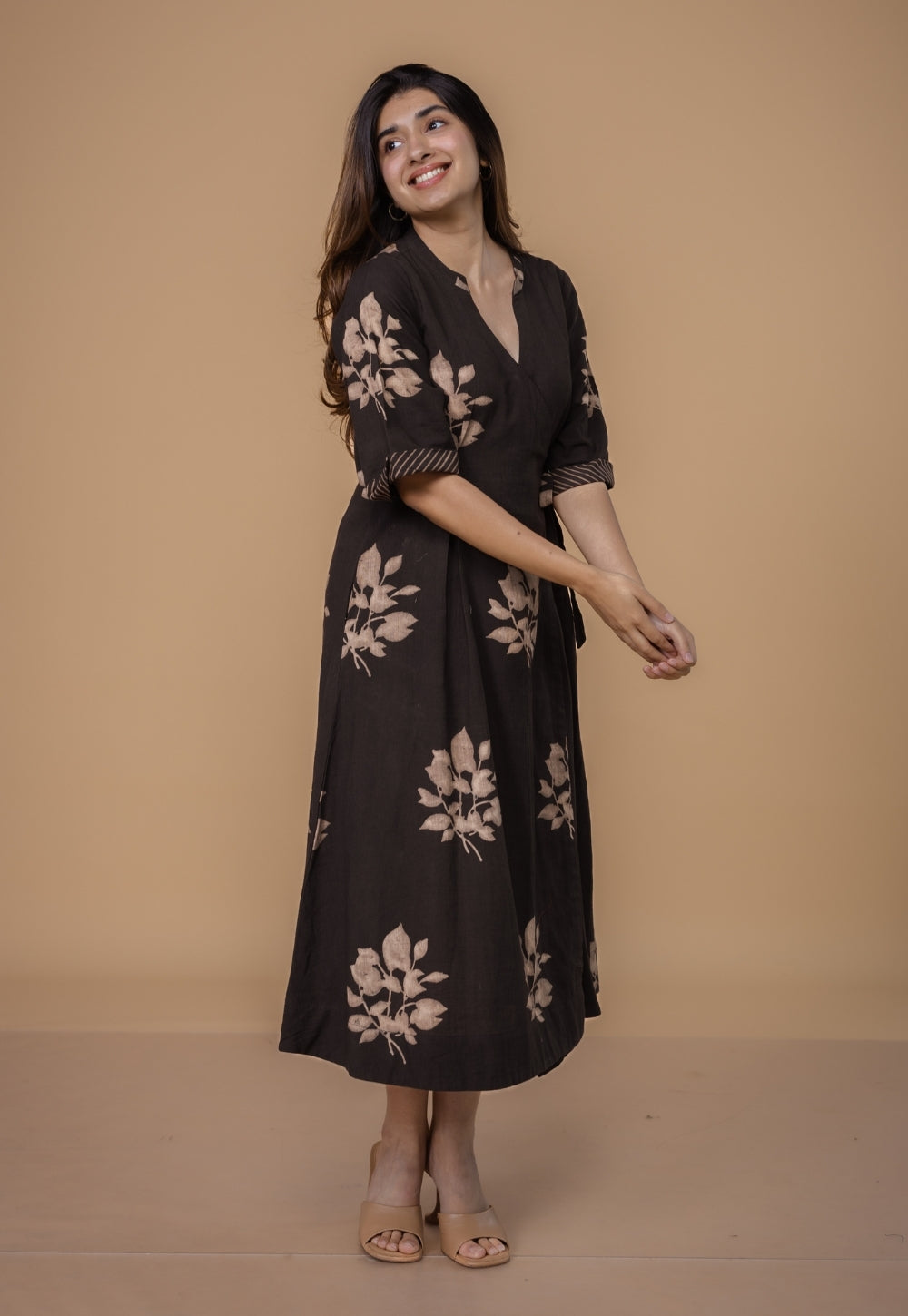 Avni Brown Dabu Slub Cotton Wrap Around Dress