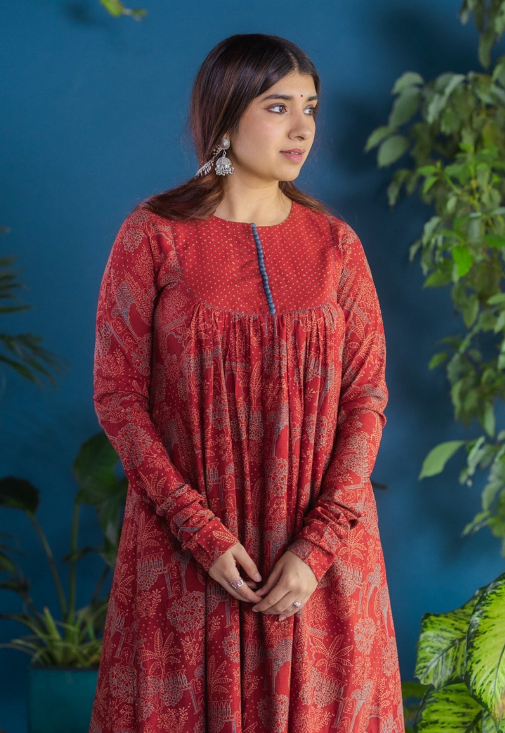 Asin Red Ajrakh Cotton A Line Kurta with Hand Embroidery