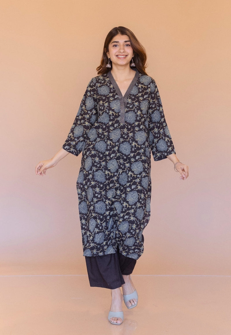 Avika Black Ajrakh Cotton Straight Kurta with Embroidery