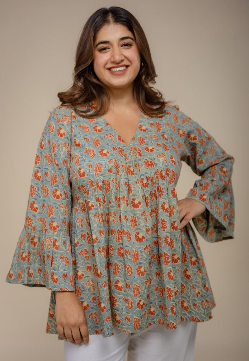 Sakshi Blue Ajrakh Cotton A Line Short Top
