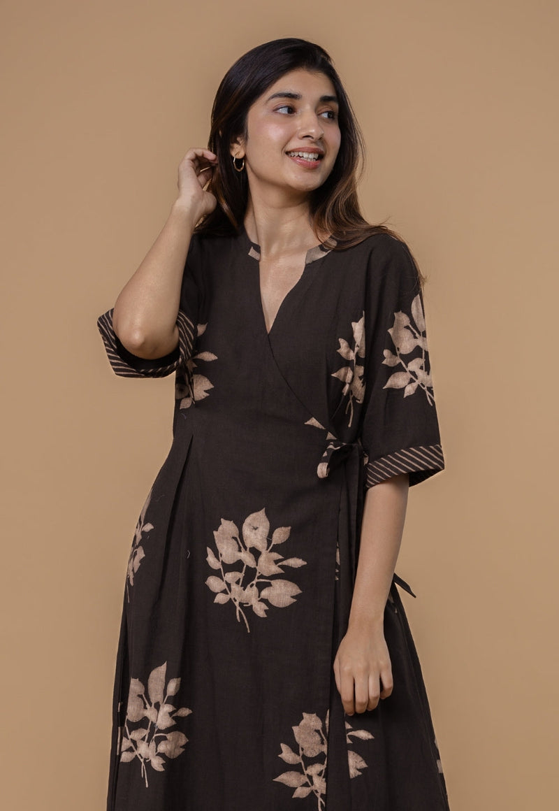 Avni Brown Dabu Slub Cotton Wrap Around Dress