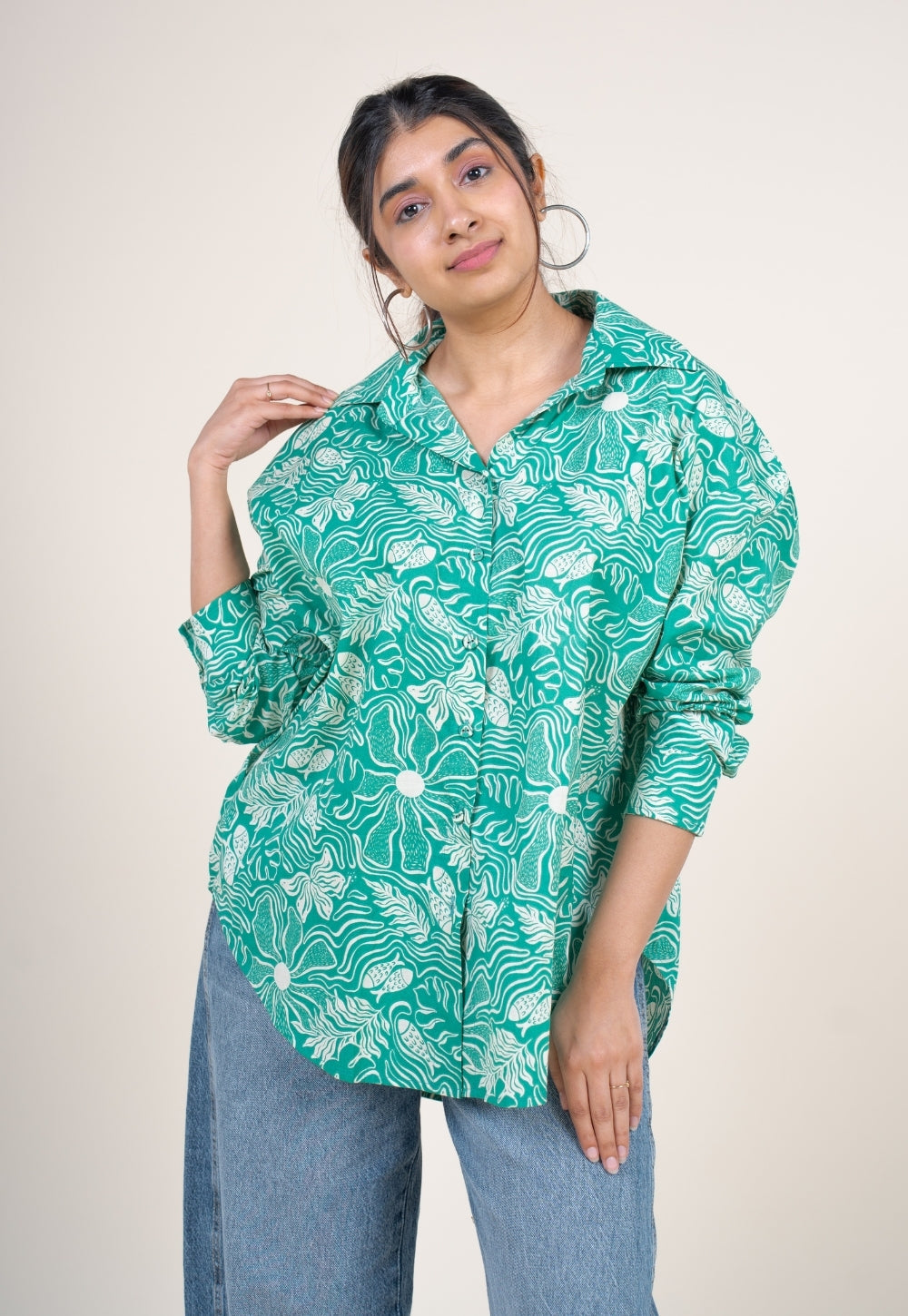 Ruhi Emerald Green Printed Cotton Straight Shirt