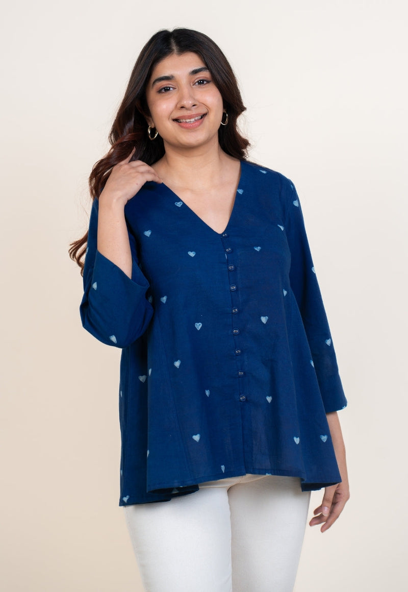 Yuvika Blue Dabu Cotton A Line Short Top