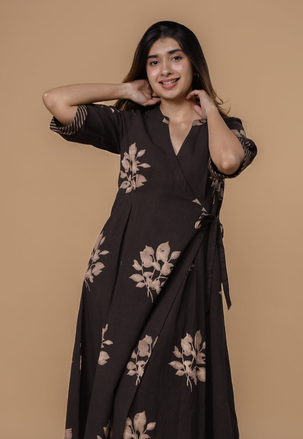 Avni Brown Dabu Slub Cotton Wrap Around Dress
