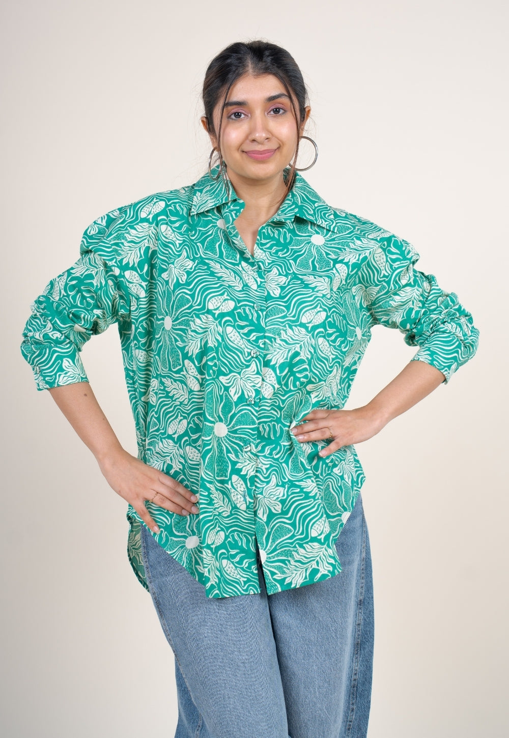 Ruhi Emerald Green Printed Cotton Straight Shirt