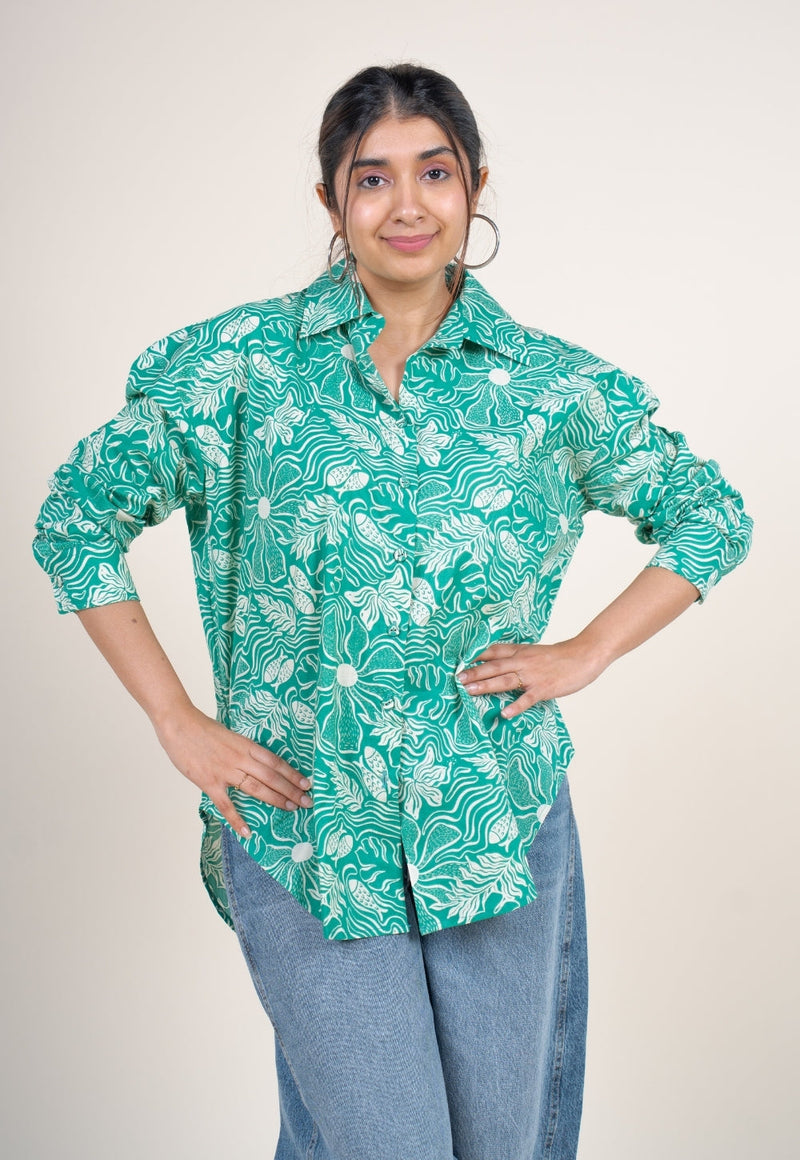 Ruhi Emerald Green Printed Cotton Straight Shirt