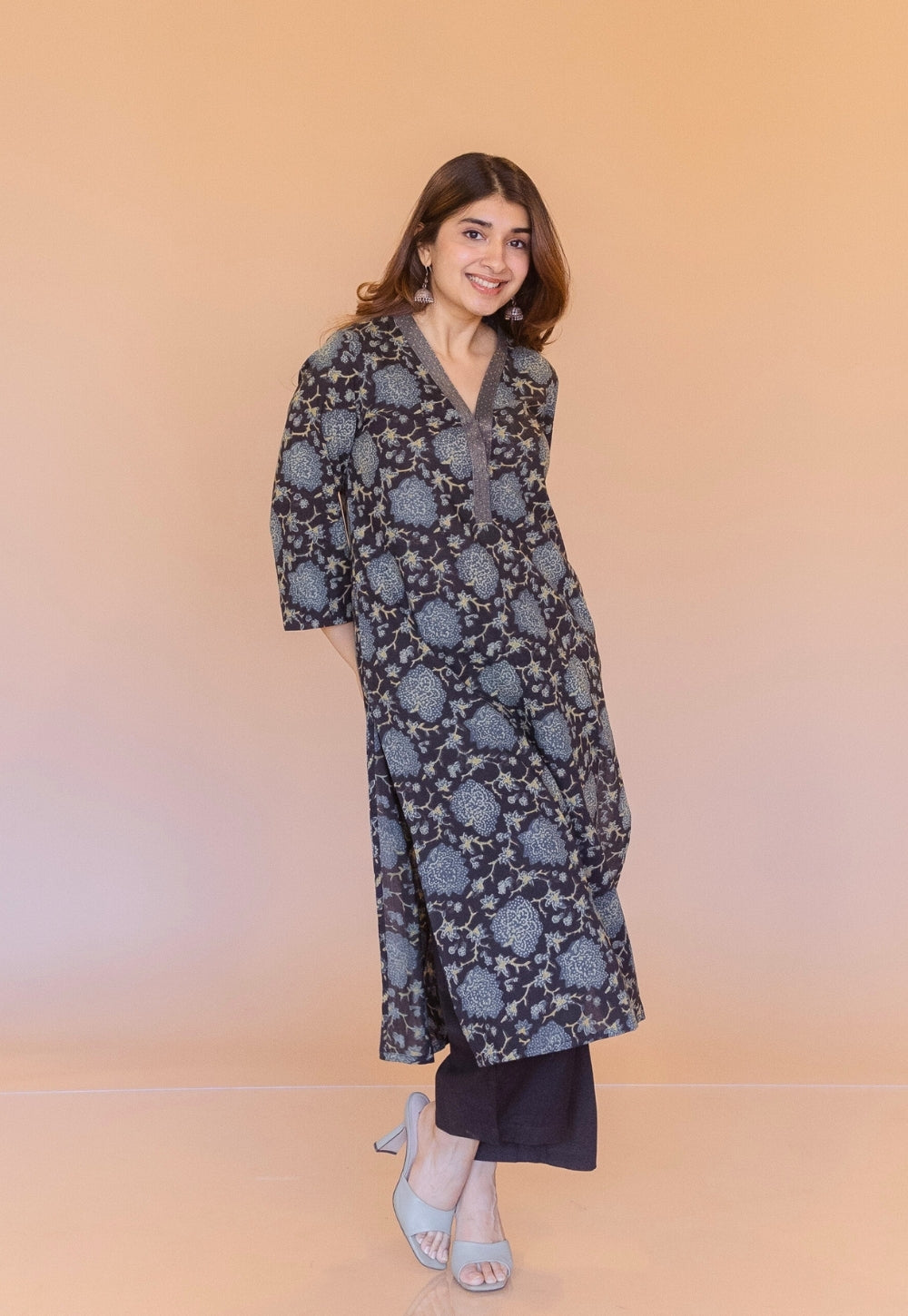 Avika Black Ajrakh Cotton Straight Kurta with Embroidery