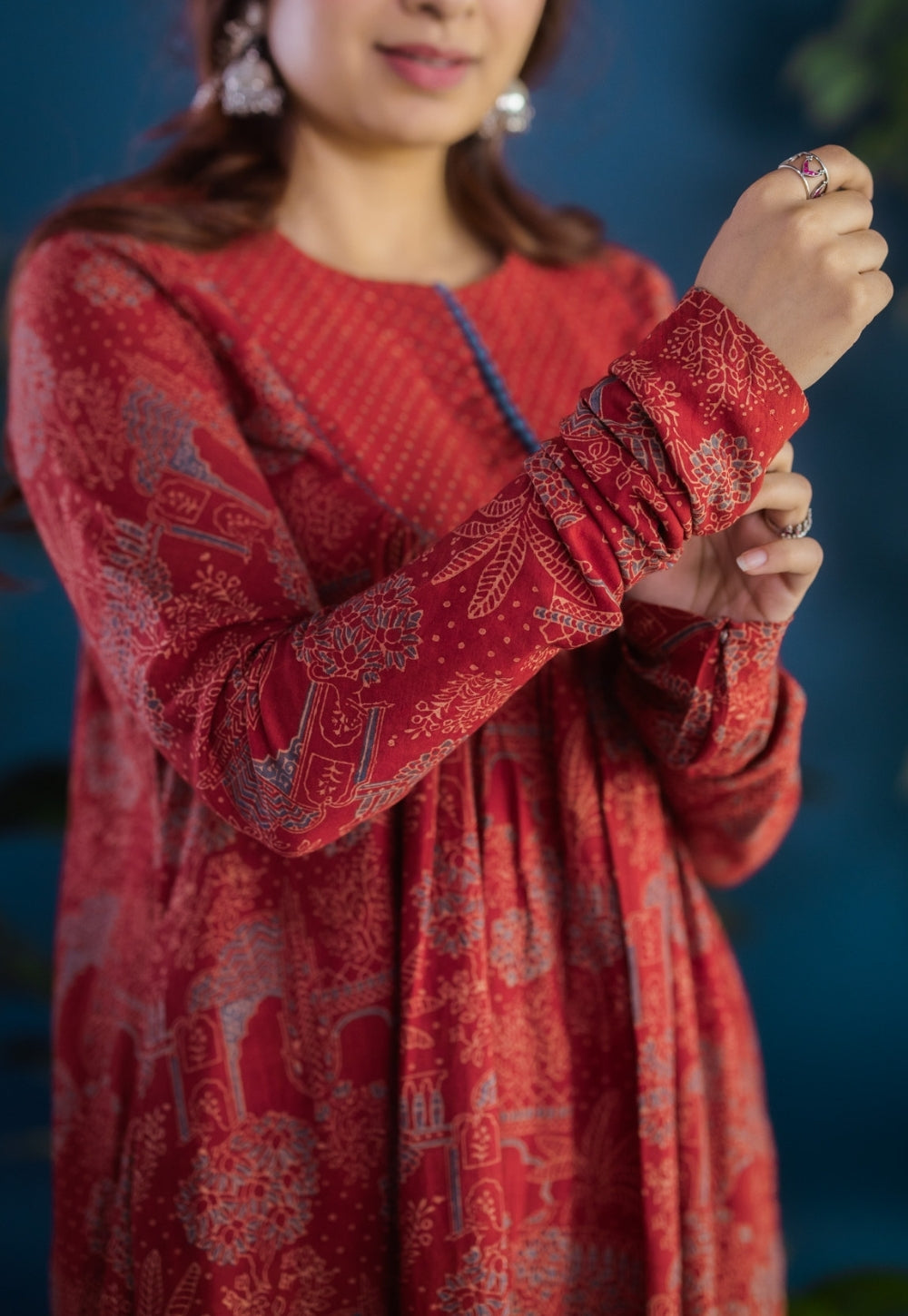 Asin Red Ajrakh Cotton A Line Kurta with Hand Embroidery