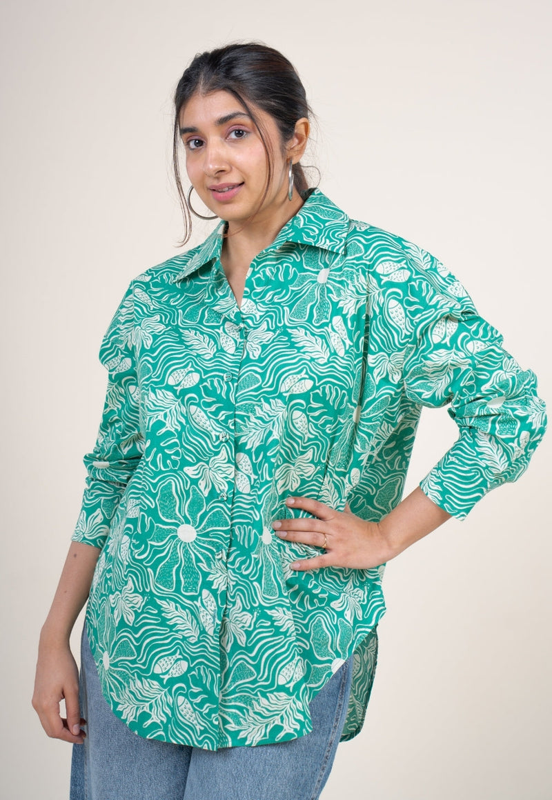 Ruhi Emerald Green Printed Cotton Straight Shirt