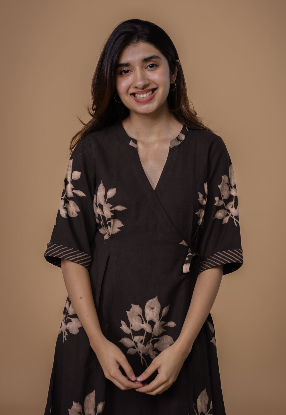 Avni Brown Dabu Slub Cotton Wrap Around Dress