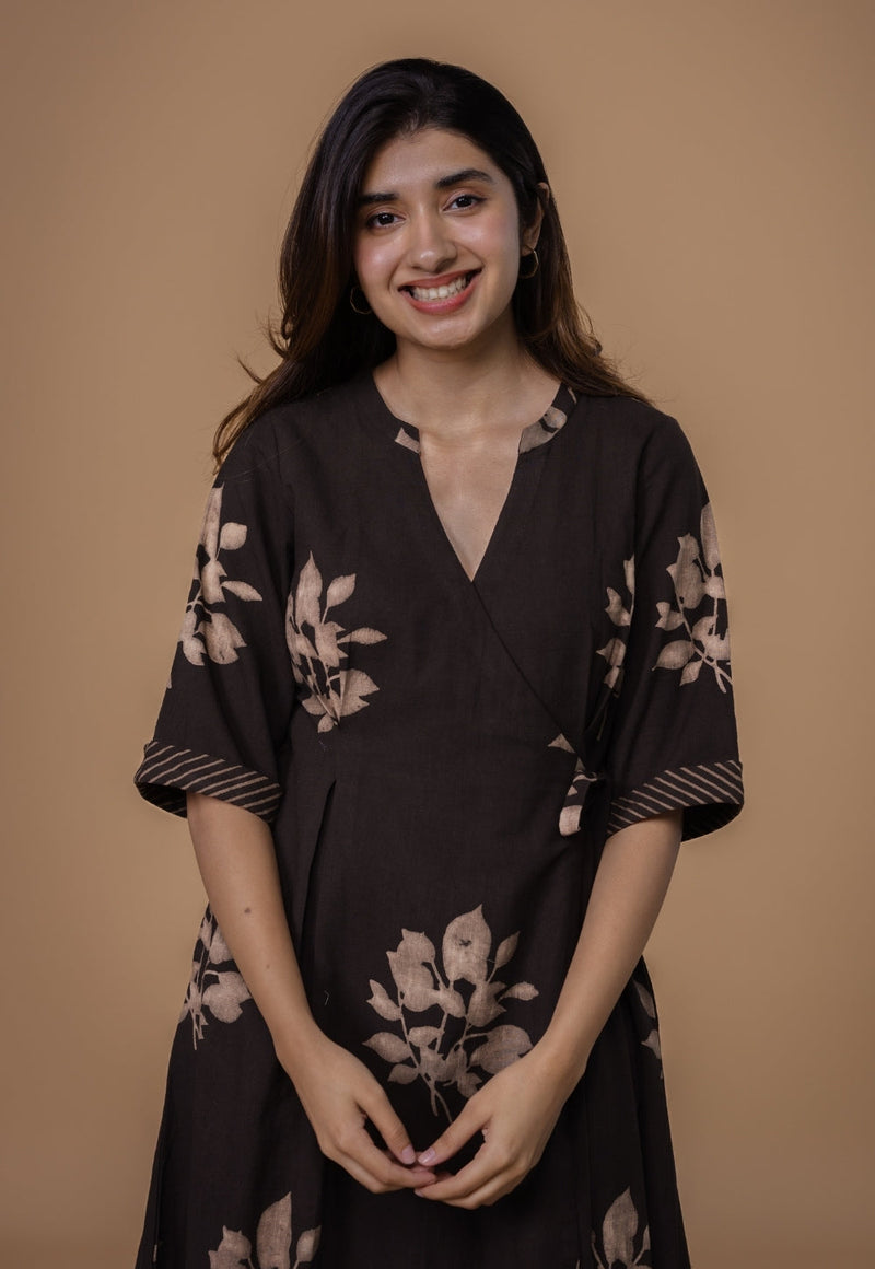 Avni Brown Dabu Slub Cotton Wrap Around Dress