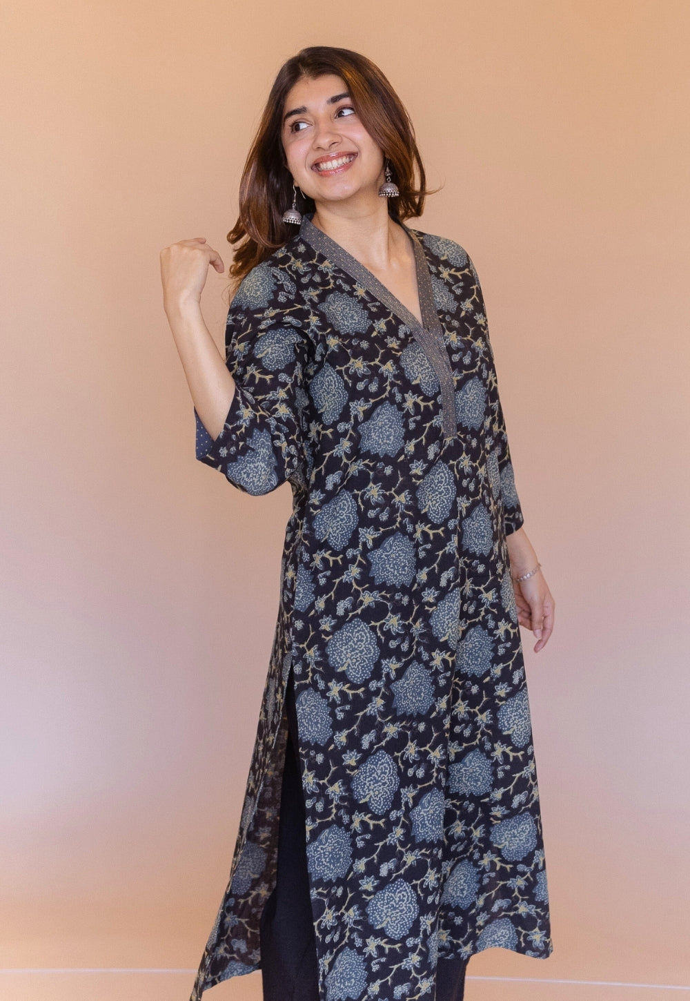 Avika Black Ajrakh Cotton Straight Kurta with Embroidery