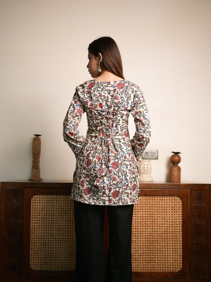 Blush on Beige Ivory Red Handblock Short Kurti