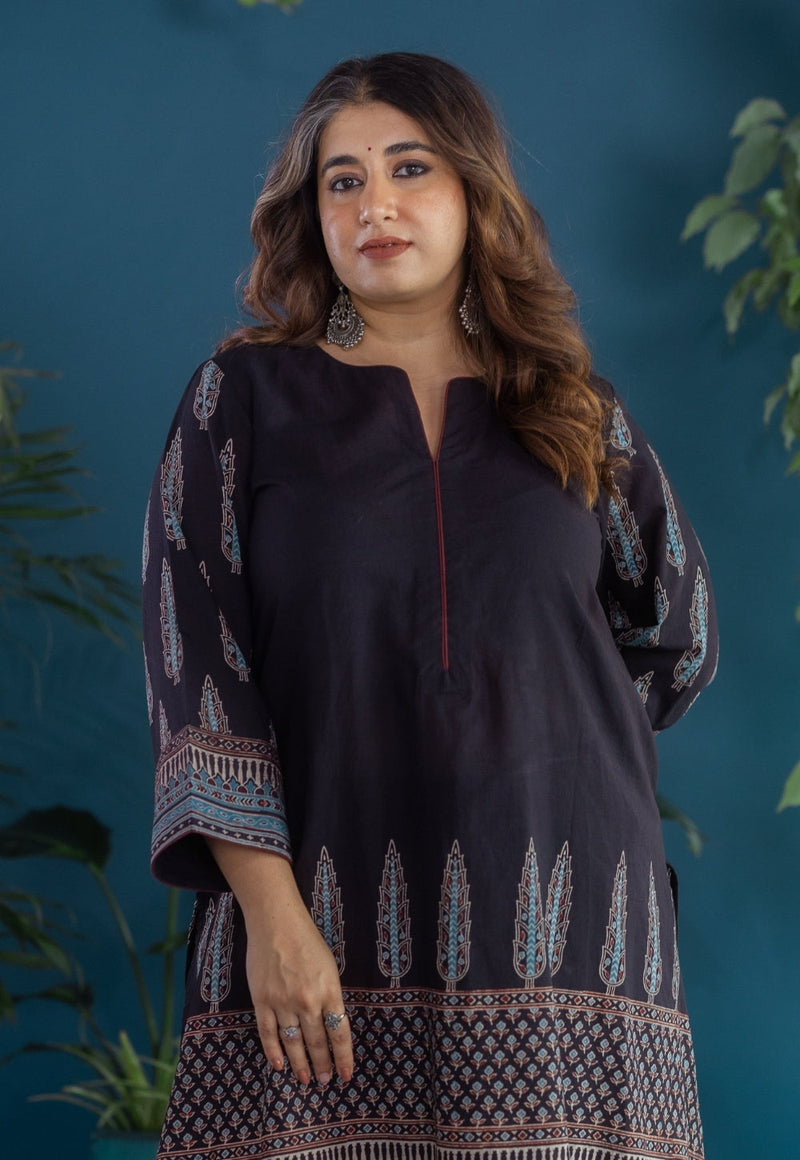 Antara Black Ajrakh Cotton A Line Kurta
