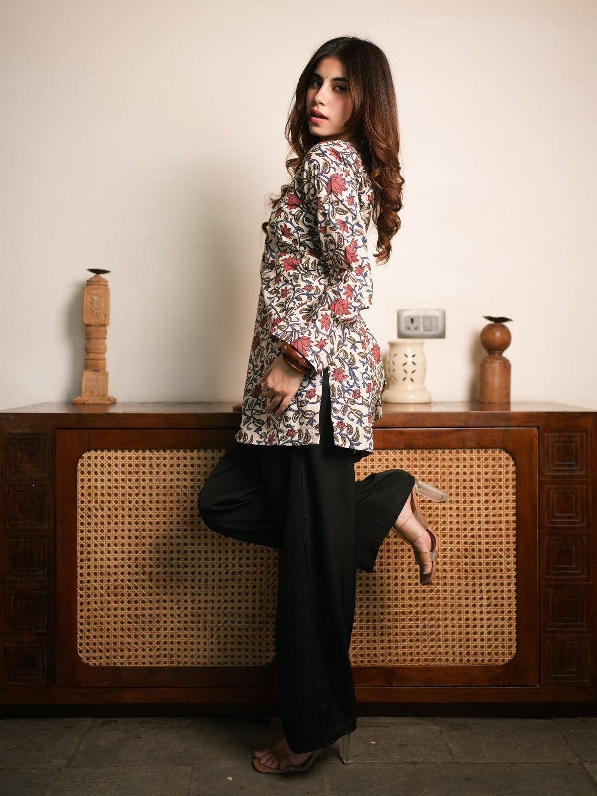 Blush on Beige Ivory Red Handblock Short Kurti
