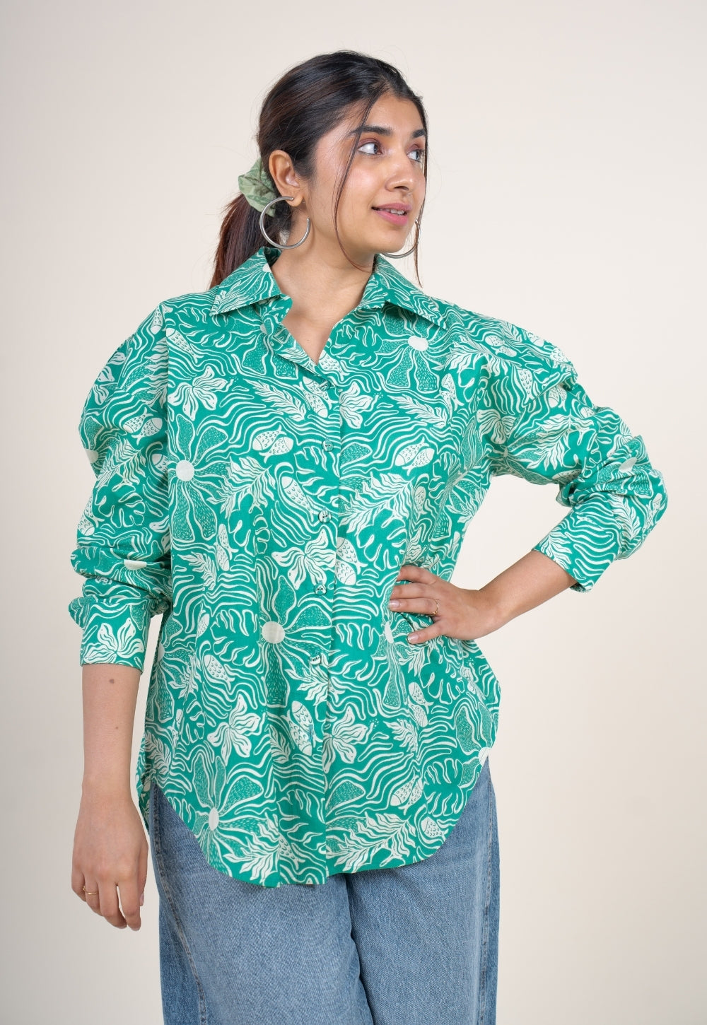 Ruhi Emerald Green Printed Cotton Straight Shirt