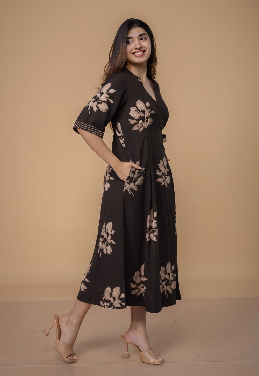 Avni Brown Dabu Slub Cotton Wrap Around Dress