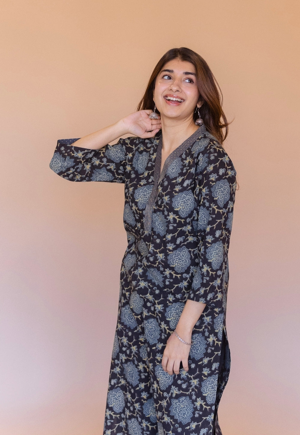 Avika Black Ajrakh Cotton Straight Kurta with Embroidery